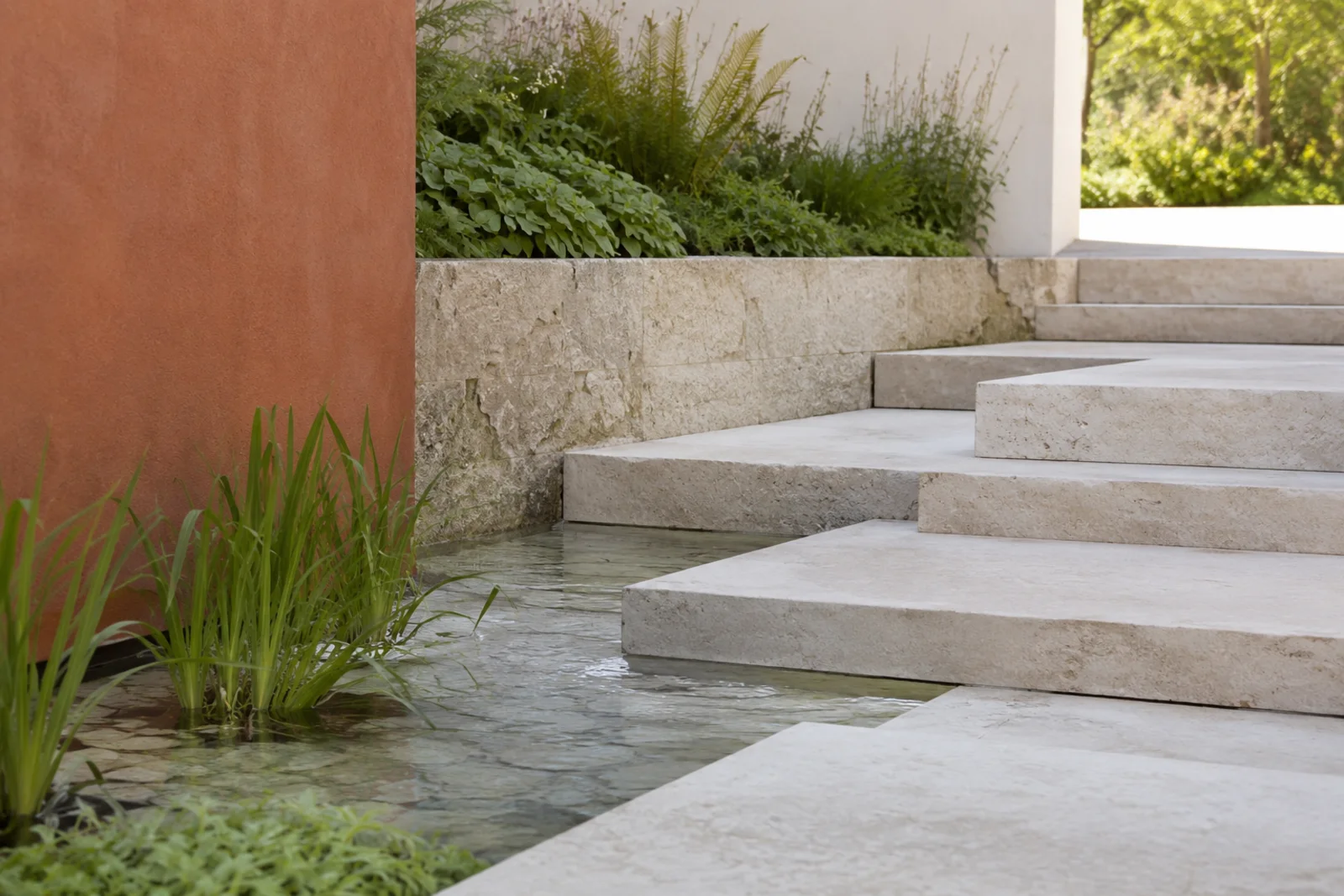Helles Architekturdetail mit Kalkstein, Wasser und Grün als neutrale Paderborner Bildidee